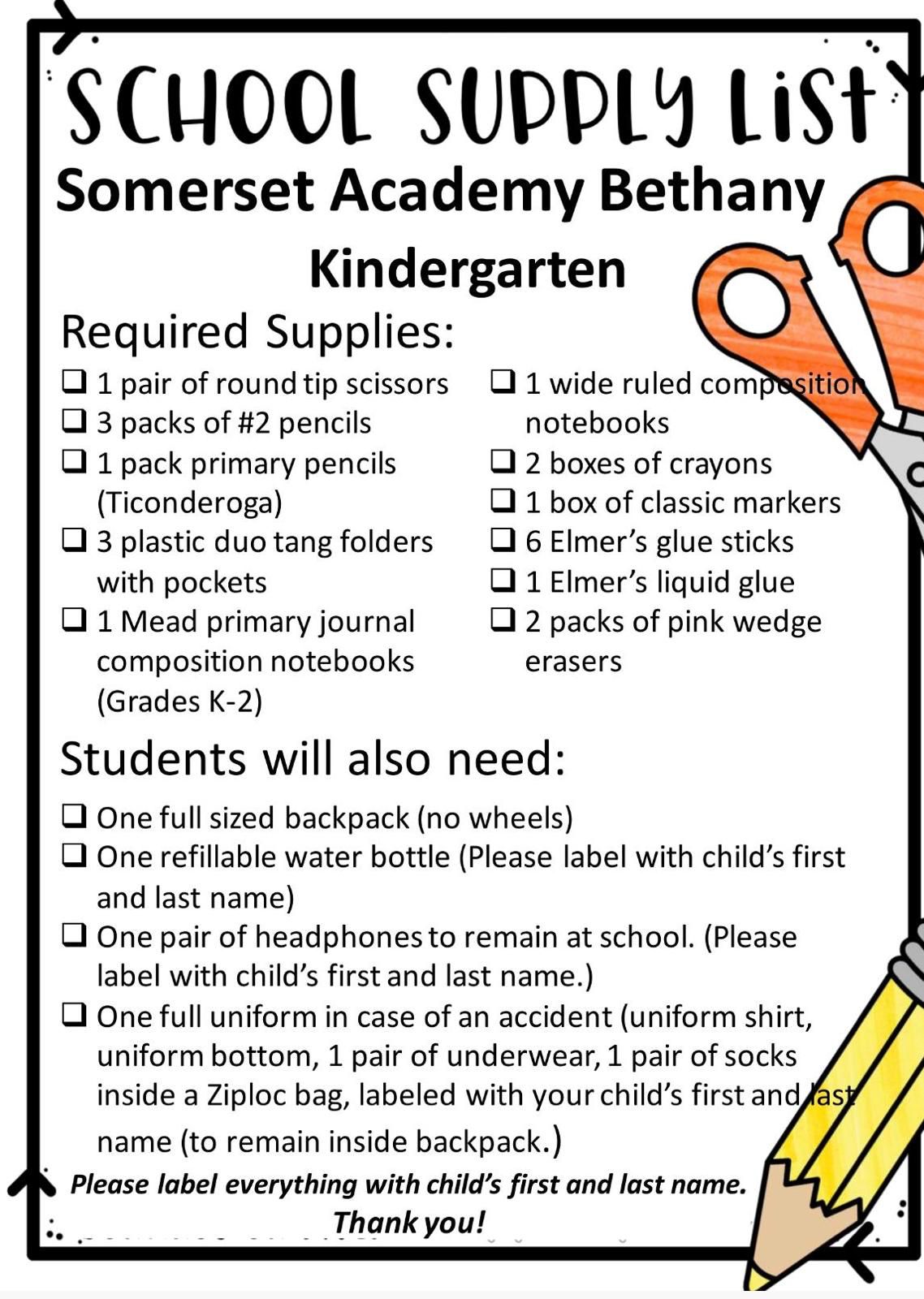 supply list kindergarten supply list